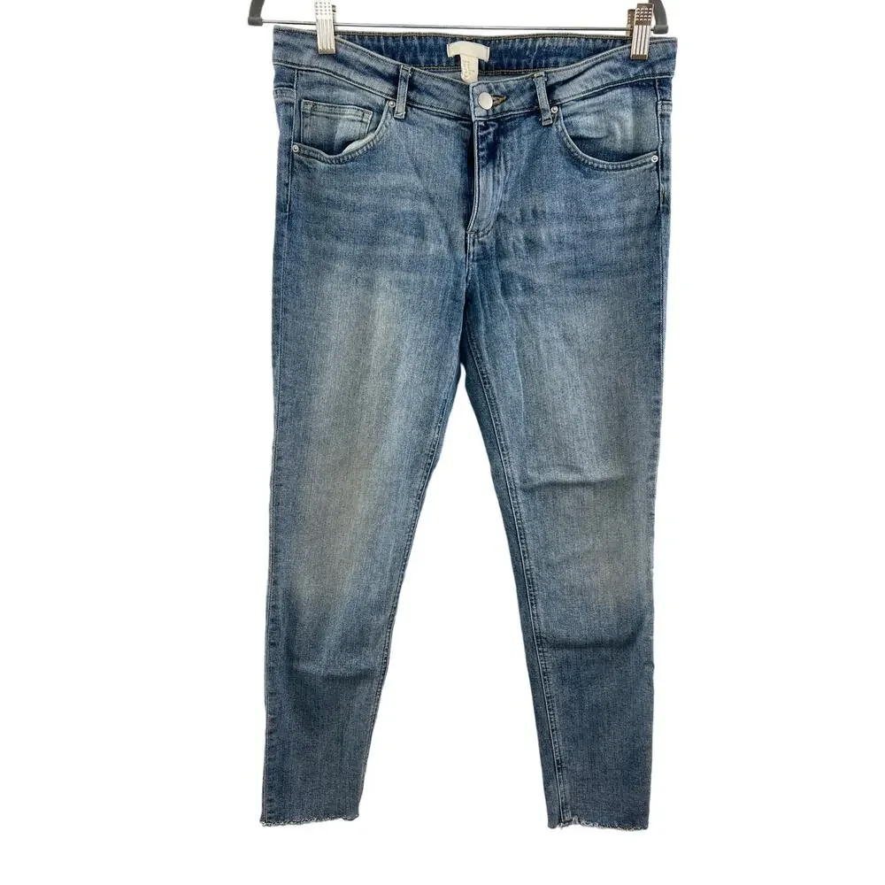 H&M Conscious Medium Wash Blue Skinny Jeans Raw Frayed Hem Mid-Rise Size 10 40